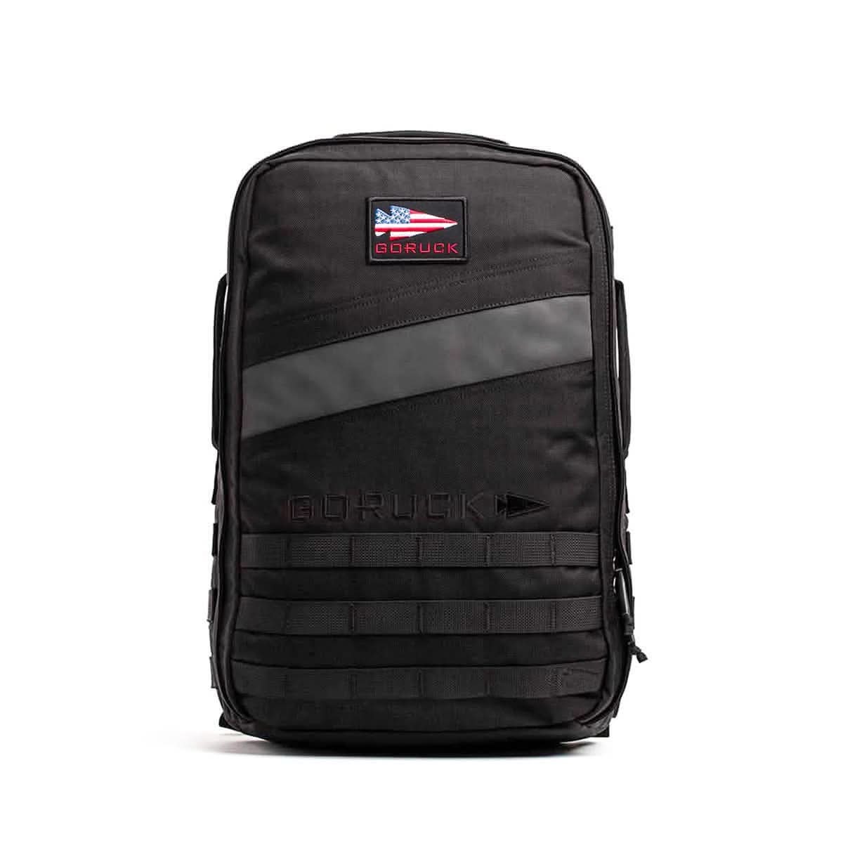 GORUCK Rucker 4.0 20L blackout backpack with American flag patch, men's gear