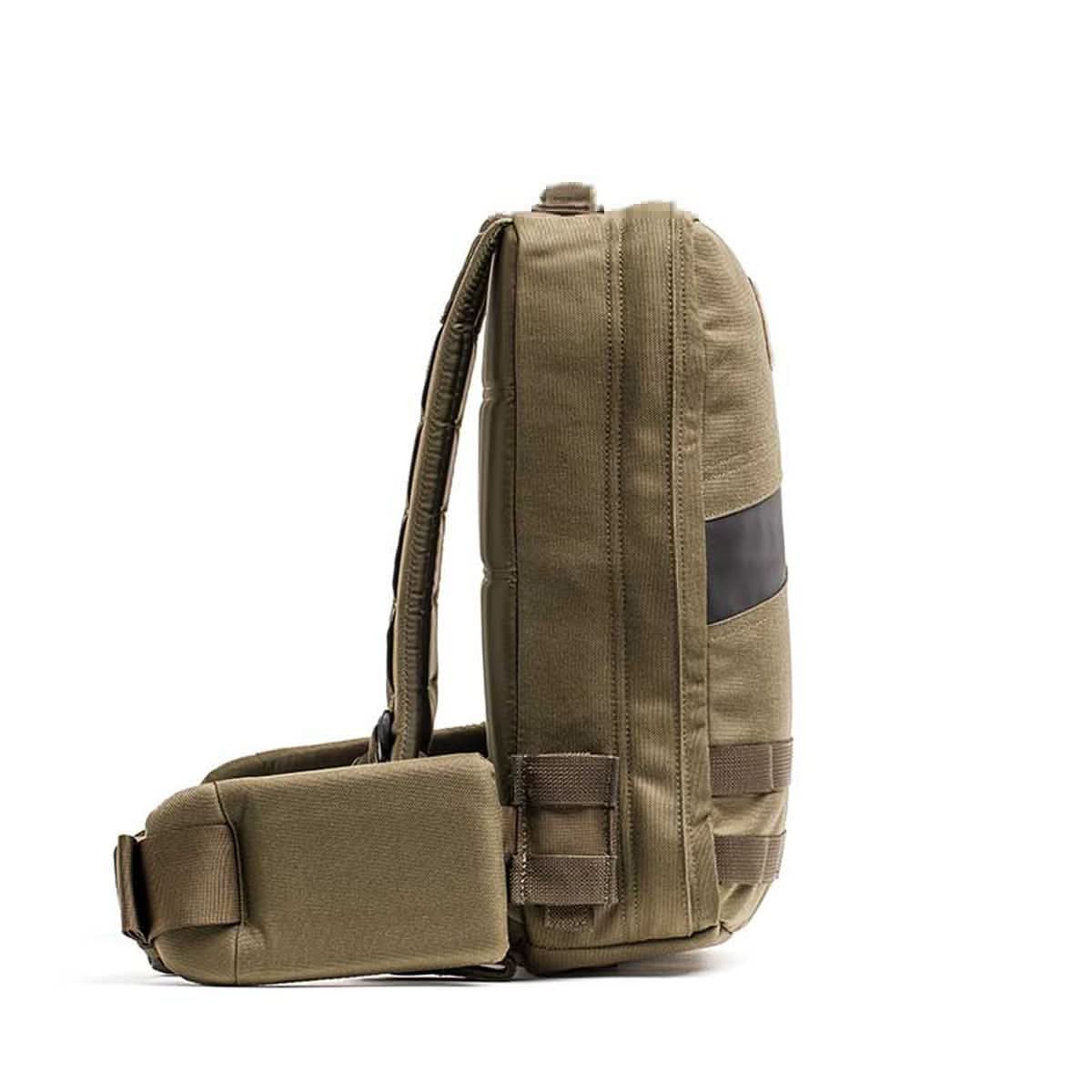 Ranger green tactical backpack with padded hip belt, side view, men's lifestyle gear