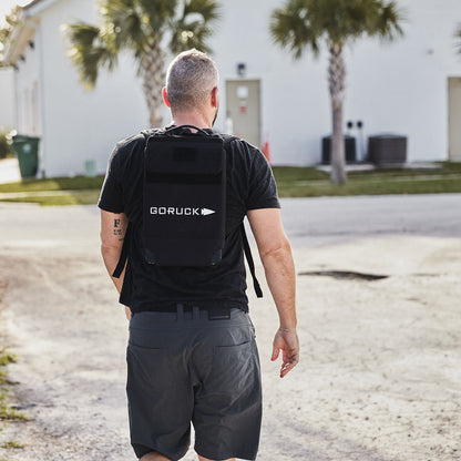 Man walking outdoors with GORUCK backpack, casual shorts, palm trees in background, MANN lifestyle