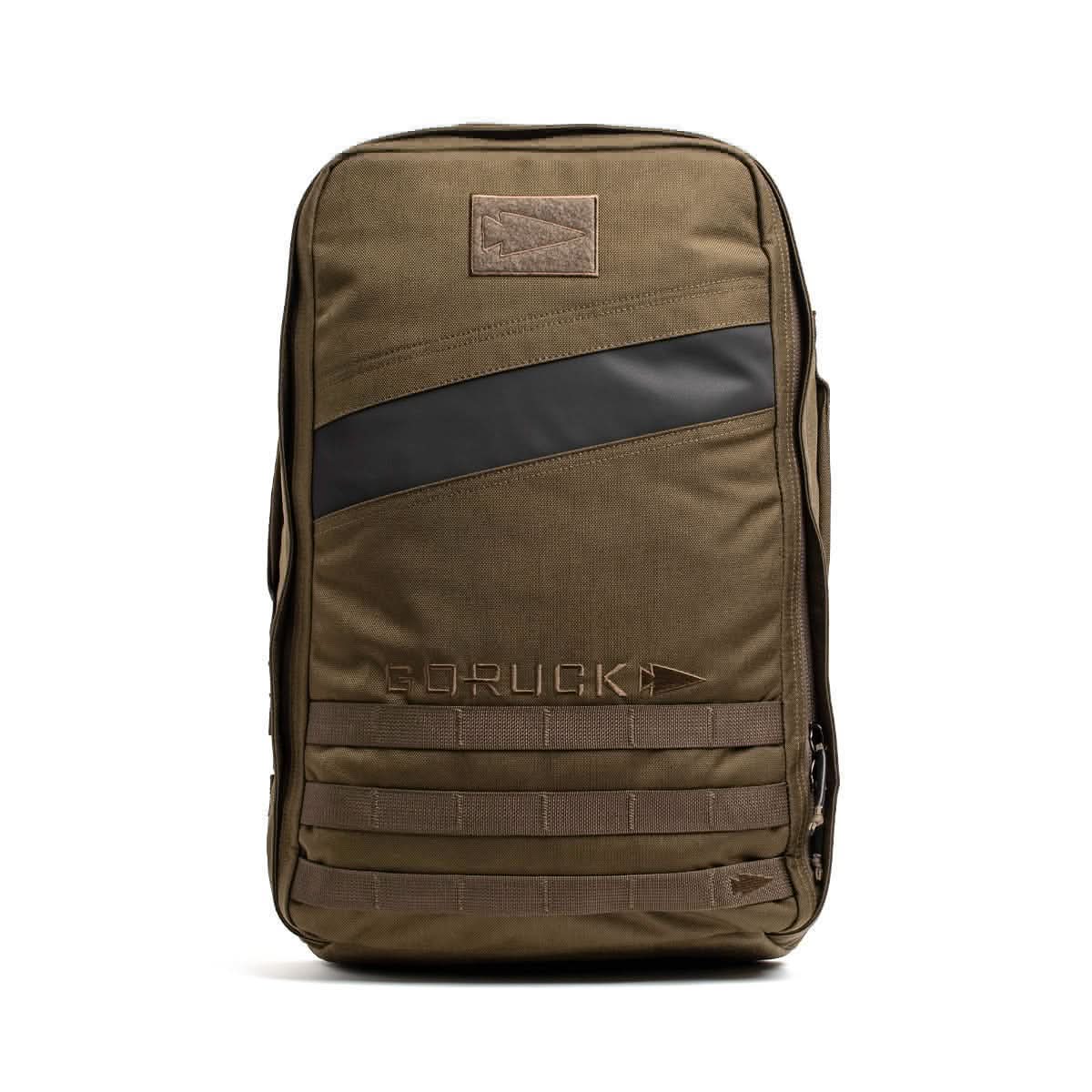 Ranger green GORUCK backpack with black stripe, rugged design, men's lifestyle gear