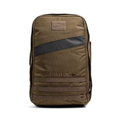 Ranger green GORUCK backpack with black stripe, rugged design, men's lifestyle gear