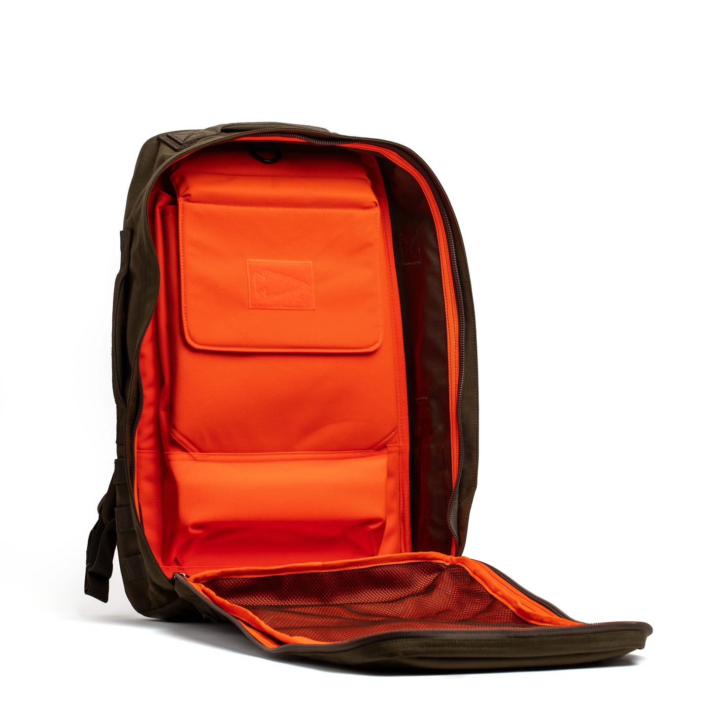 Ranger green backpack with orange interior and open front, men's lifestyle gear