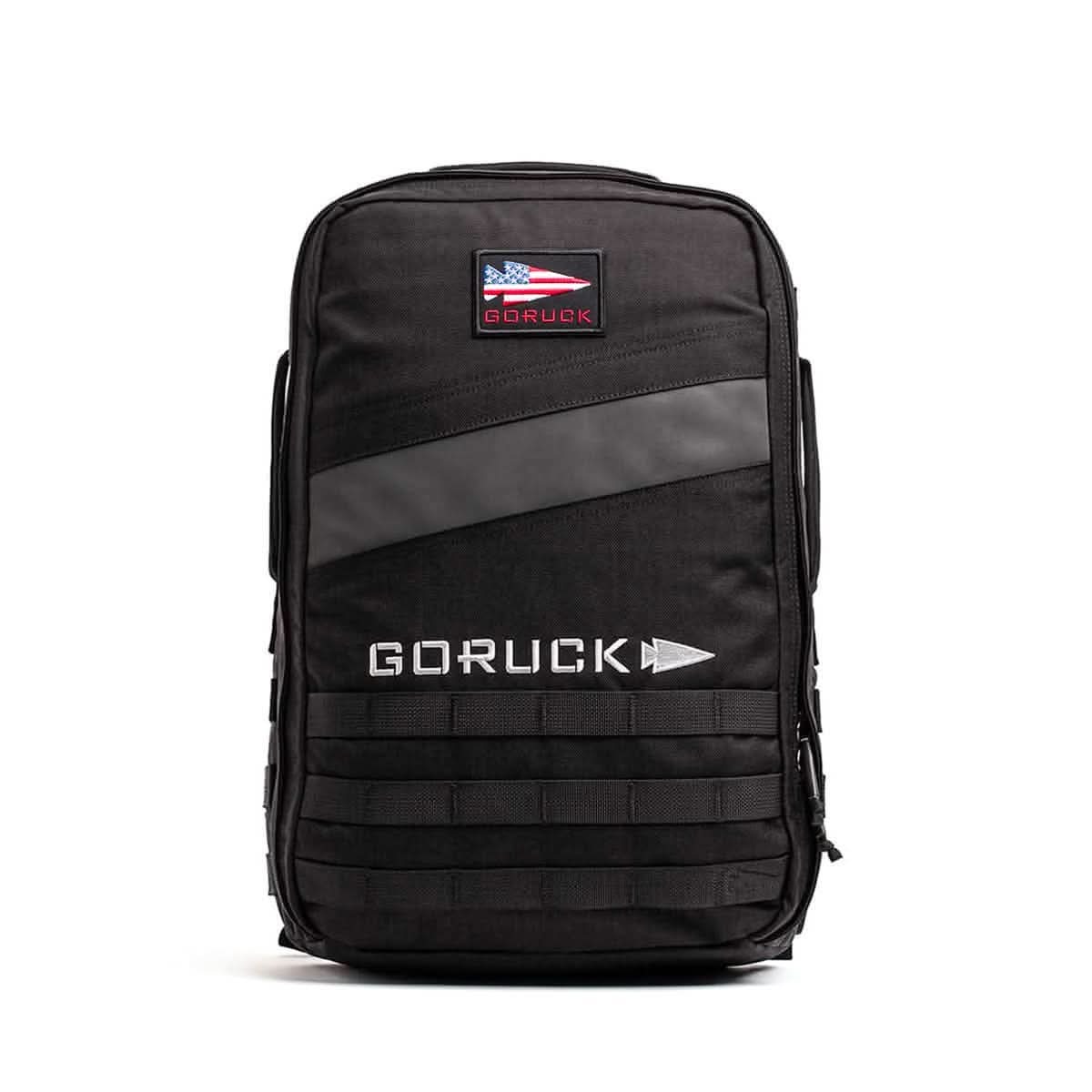 GORUCK black 20L backpack with American flag patch and MOLLE webbing, men's lifestyle gear
