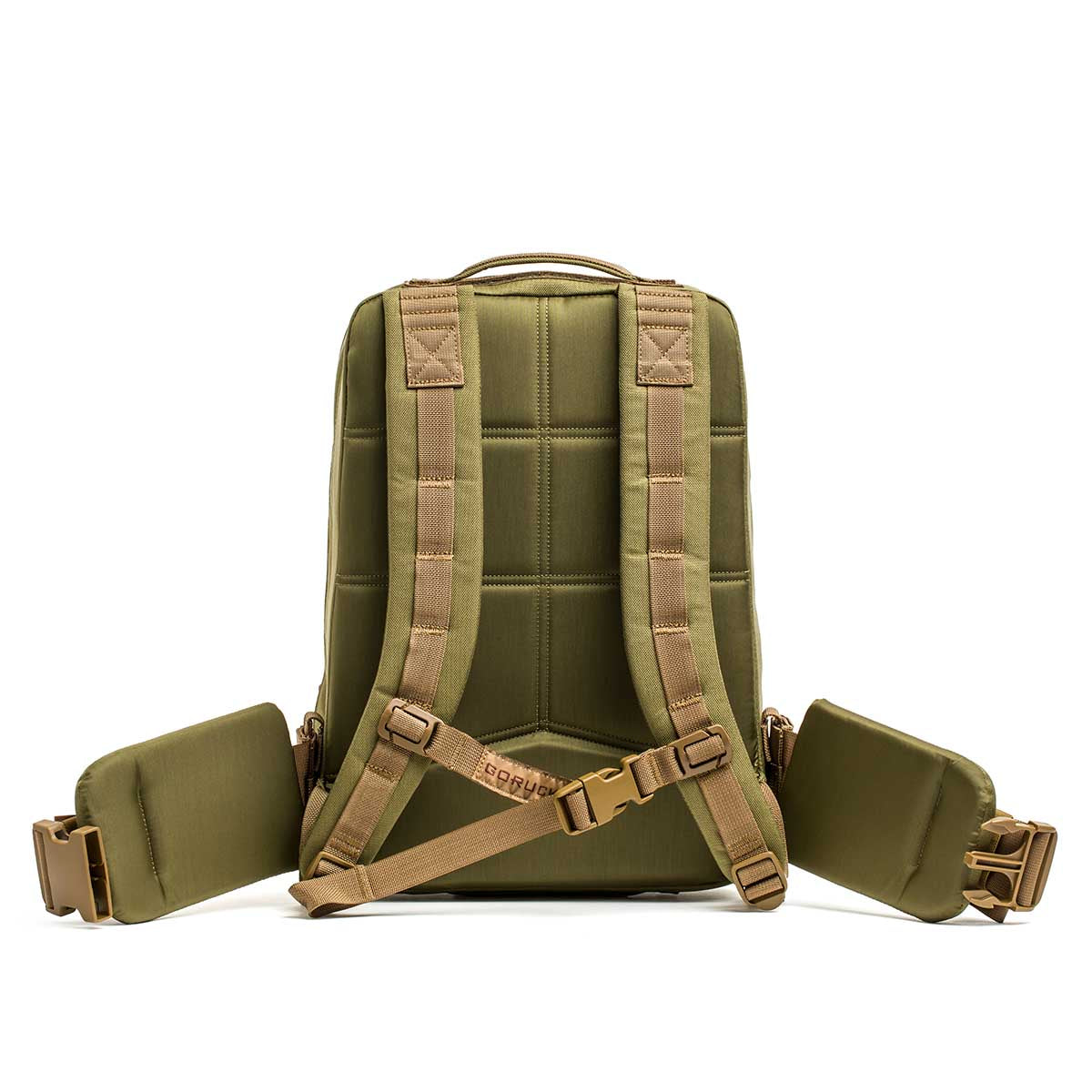 Olive green men's backpack with padded straps and waist belt on white background
