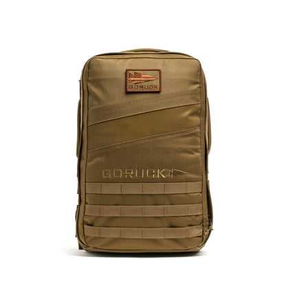 Coyote tan GORUCK 25L Rucker backpack with patch and MOLLE webbing, men's gear