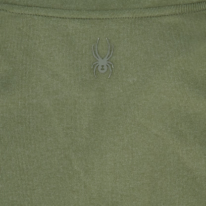 Close-up of a green fabric with a spider logo on it