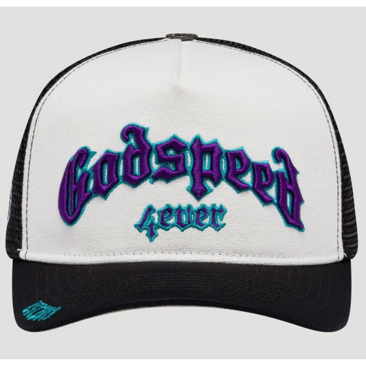 Godspeed Forever Trucker Hat (White/Black/Purple) - Mann