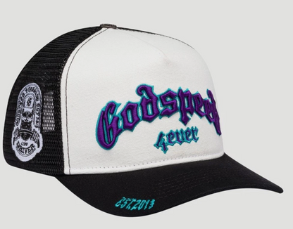 Godspeed Forever Trucker Hat (White/Black/Purple) - Mann