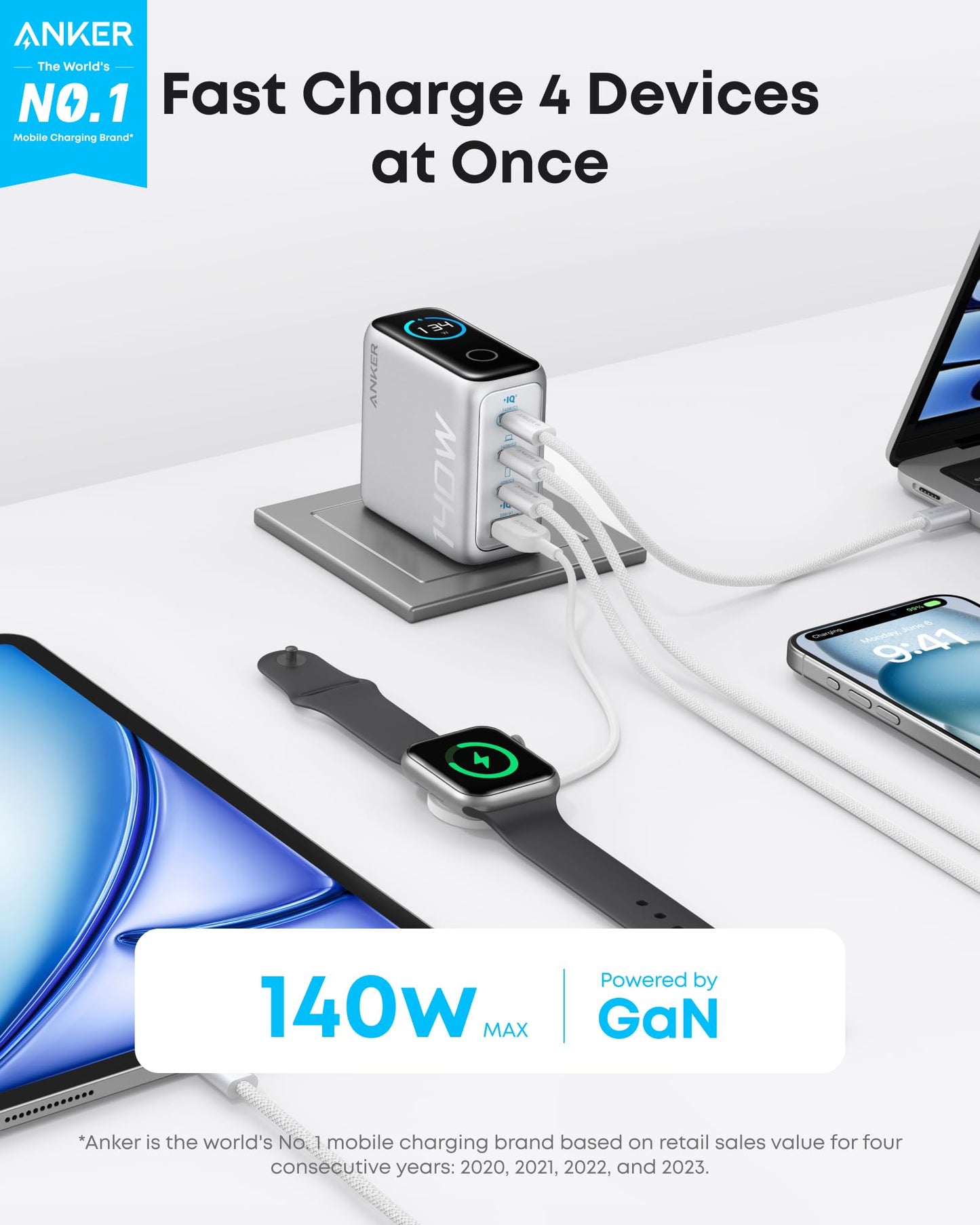 Anker Charger (140W, 4-Port, PD 3.1) with USB-C Cable - Mann