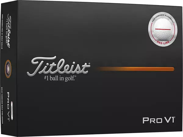 Titleist Pro V1 golf balls box in black packaging with logo and red alignment line
