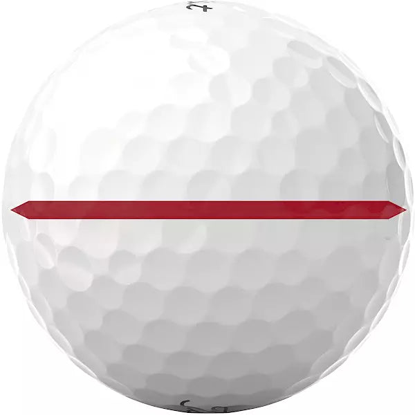 White golf ball with red alignment line, dimpled surface, men's sports accessory