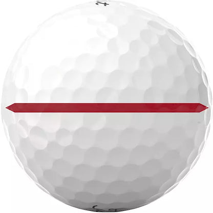 White golf ball with red alignment line, dimpled surface, men's sports accessory