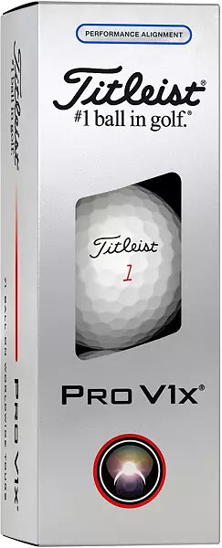 Titleist Pro V1x golf ball in silver retail box, featuring performance alignment design.