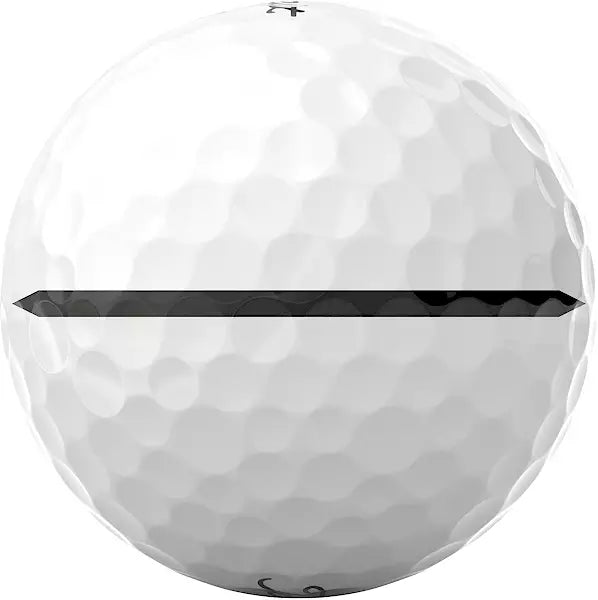 White golf ball with black alignment line, dimpled surface, men's sports accessory