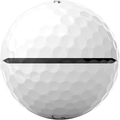 White golf ball with black alignment line, dimpled surface, men's sports accessory