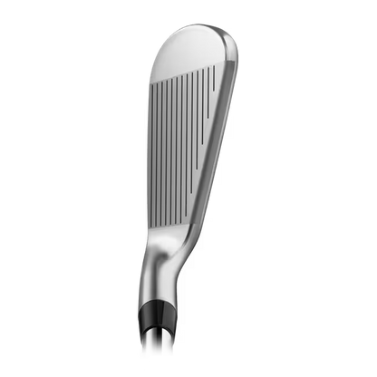 Polished steel golf iron club head with grooves, men's lifestyle and sports gear