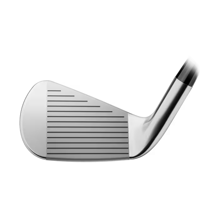 Close-up of a silver golf iron club head, men's lifestyle accessory, on white background