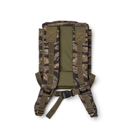 Tiger stripe camo backpack with padded straps and buckle, men's fashion accessory on white background