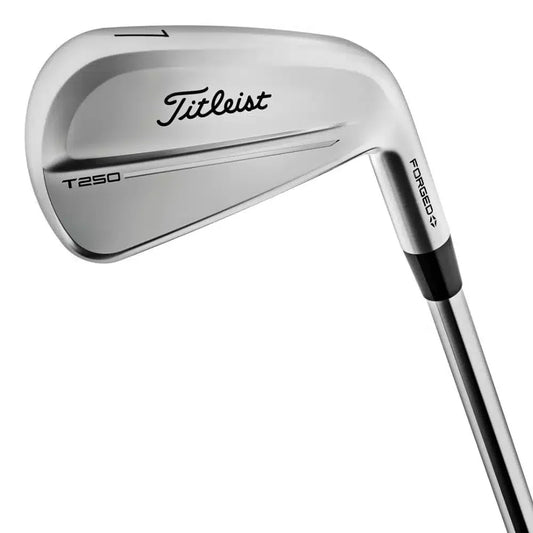 Titleist T250 forged iron golf club with silver finish, shown on white background.