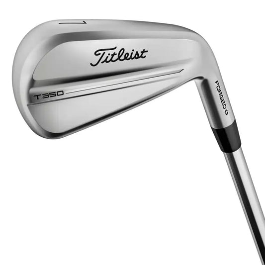 Titleist 2025 T350 golf iron club with silver forged design on white background