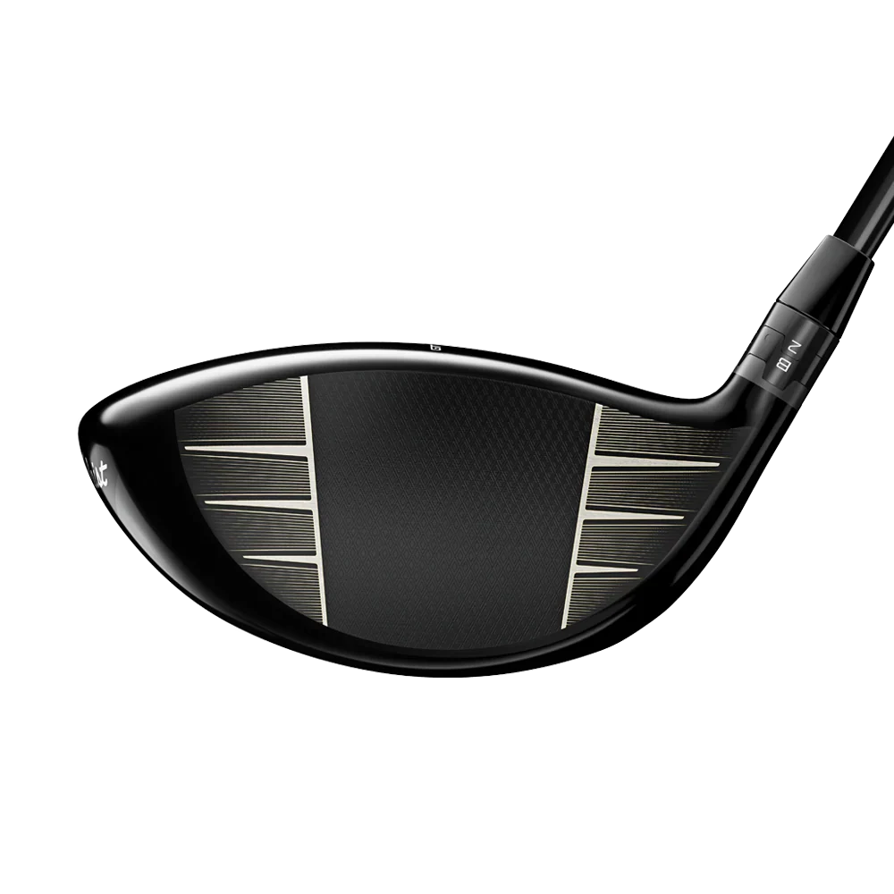 Closeup of Titleist GT3 driver golf clubface, sleek black design, men's golf gear
