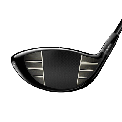Closeup of Titleist GT3 driver golf clubface, sleek black design, men's golf gear