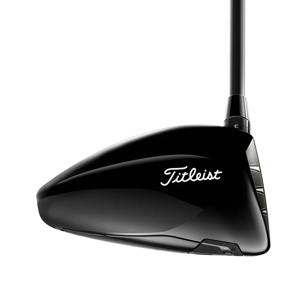 Titleist GT3 golf driver head in glossy black, side view, men's golf equipment