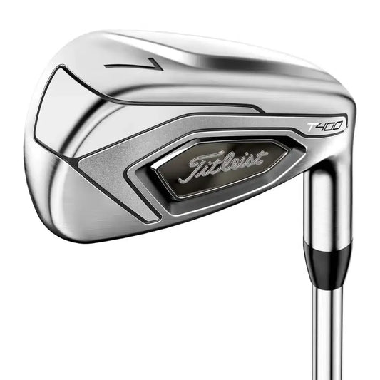 Titleist T400 iron golf club close-up, silver head, men's golf gear