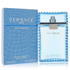 Versace Man Eau Fraçèche perfume bottle and packaging on a white background