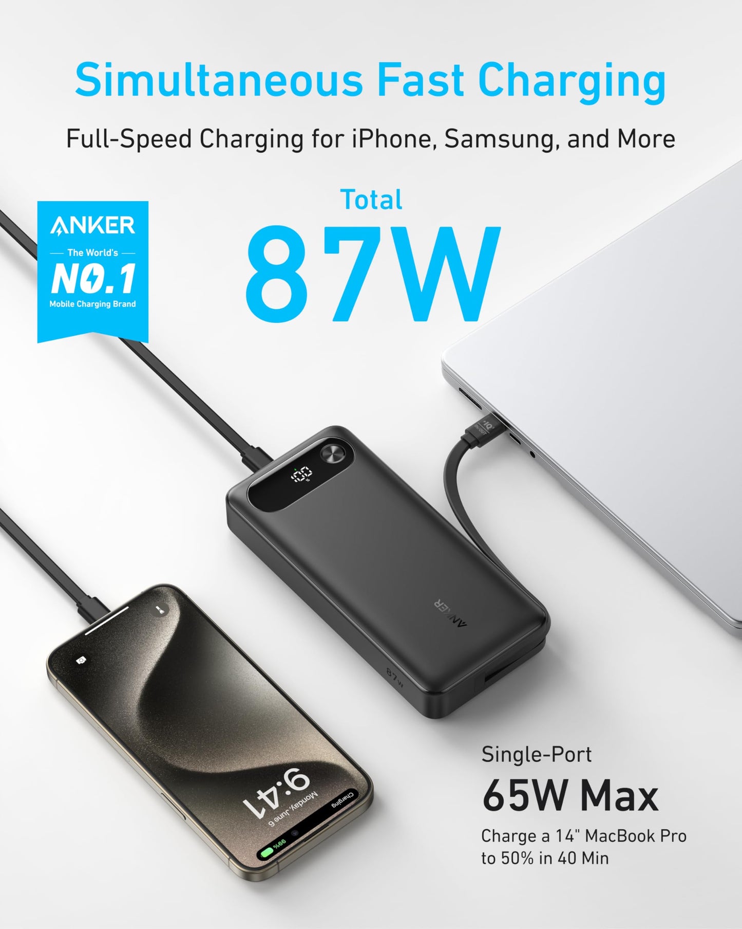 Anker Power Bank (20K, 87W, Built-In USB-C Cable) - Mann