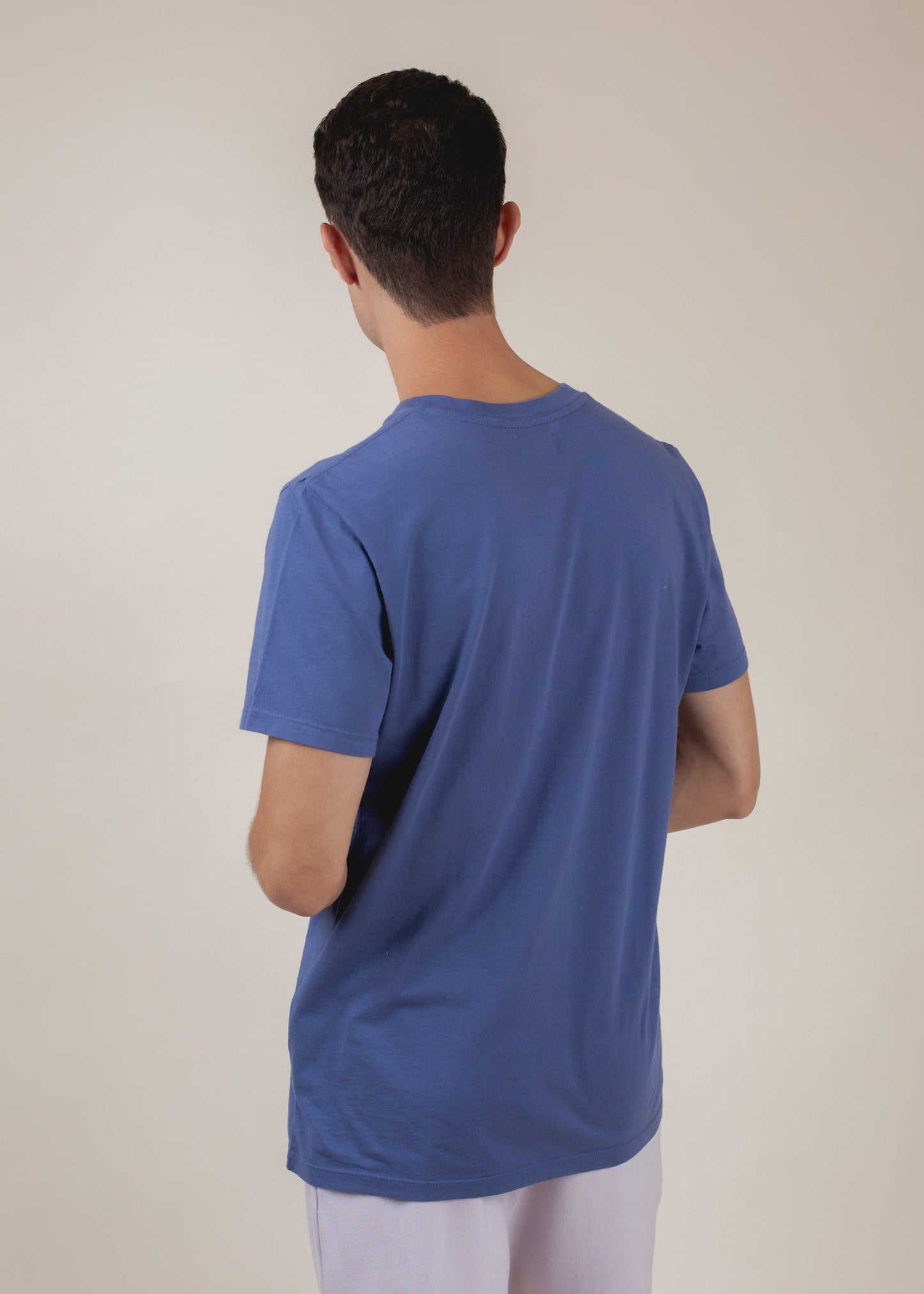 Back view of man wearing blue basic tee, casual men's fashion by MANN
