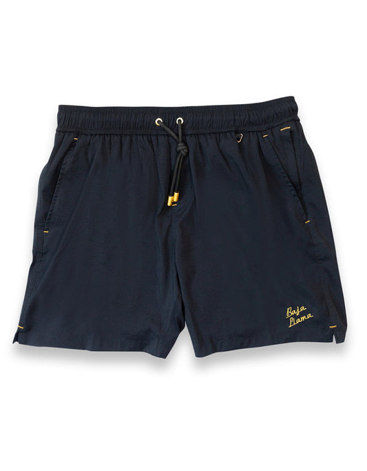 Men's black swimsuit. 6 inch stretch volley trunks. Gold finishes. Functional zipper pockets with internal stash pocket.