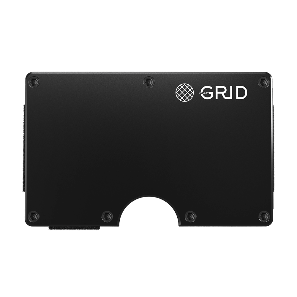 Front view of the black aluminum wallet with RFID blocking capability.