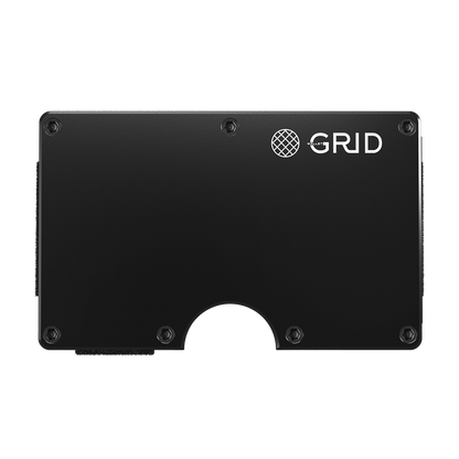 Front view of the black aluminum wallet with RFID blocking capability.