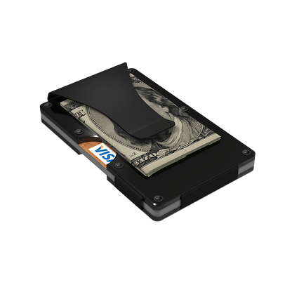 Bottom view of the black aluminum RFID blocking wallet with the money clip visible.