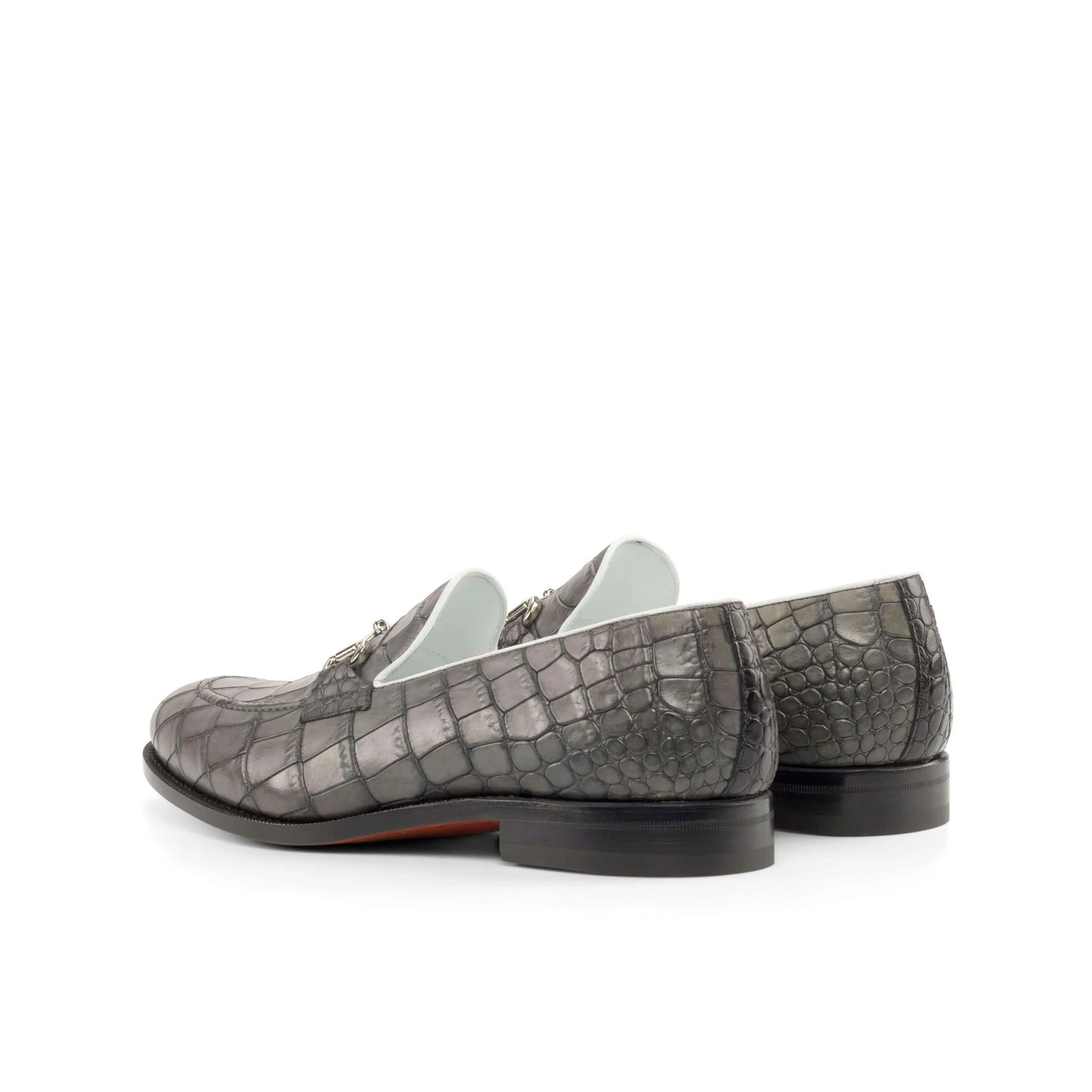 Gray crocodile-patterned Boris Loafers II with a rounded toe and painted croco finish