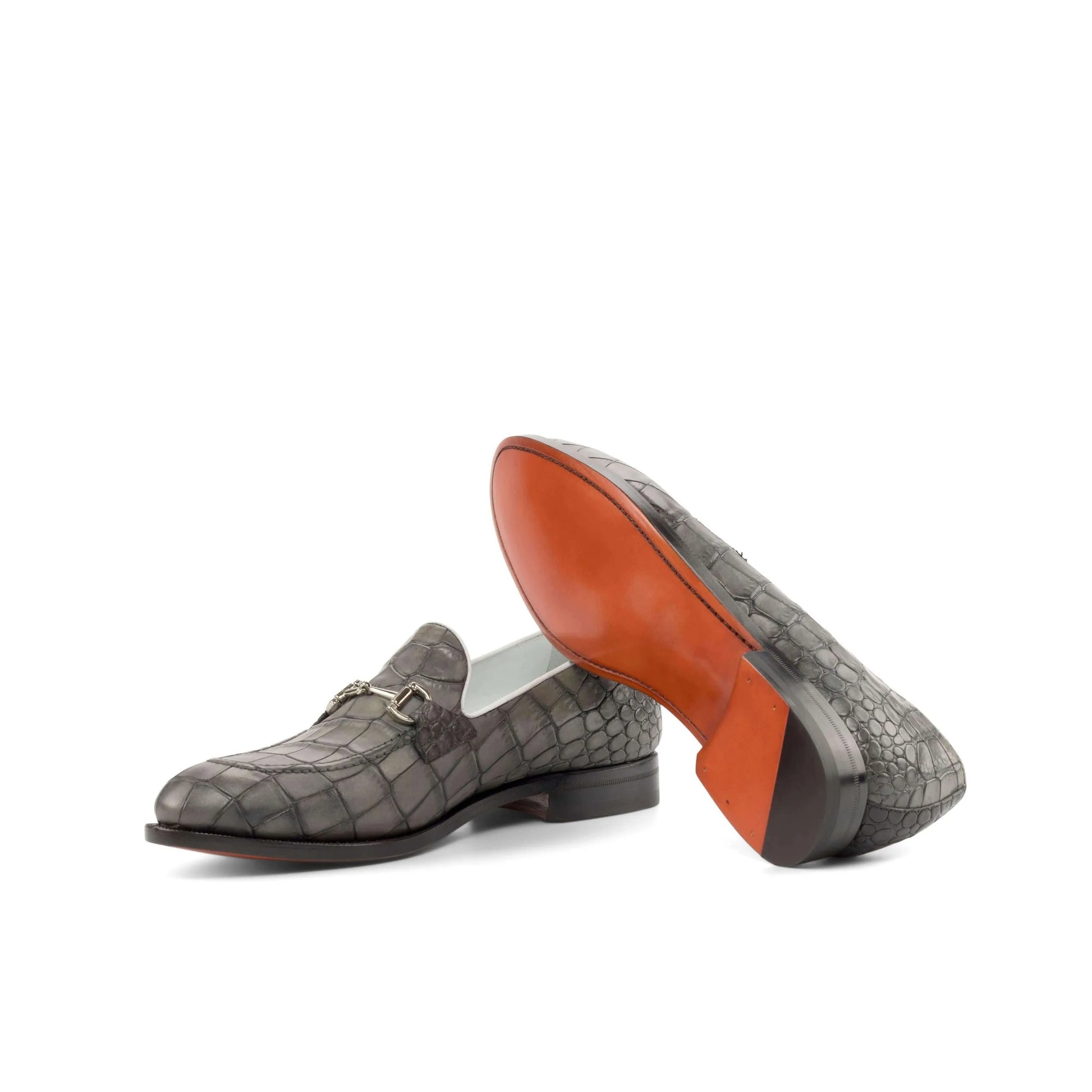 Gray crocodile-patterned Boris Loafers II featuring a rounded toe and painted croco design