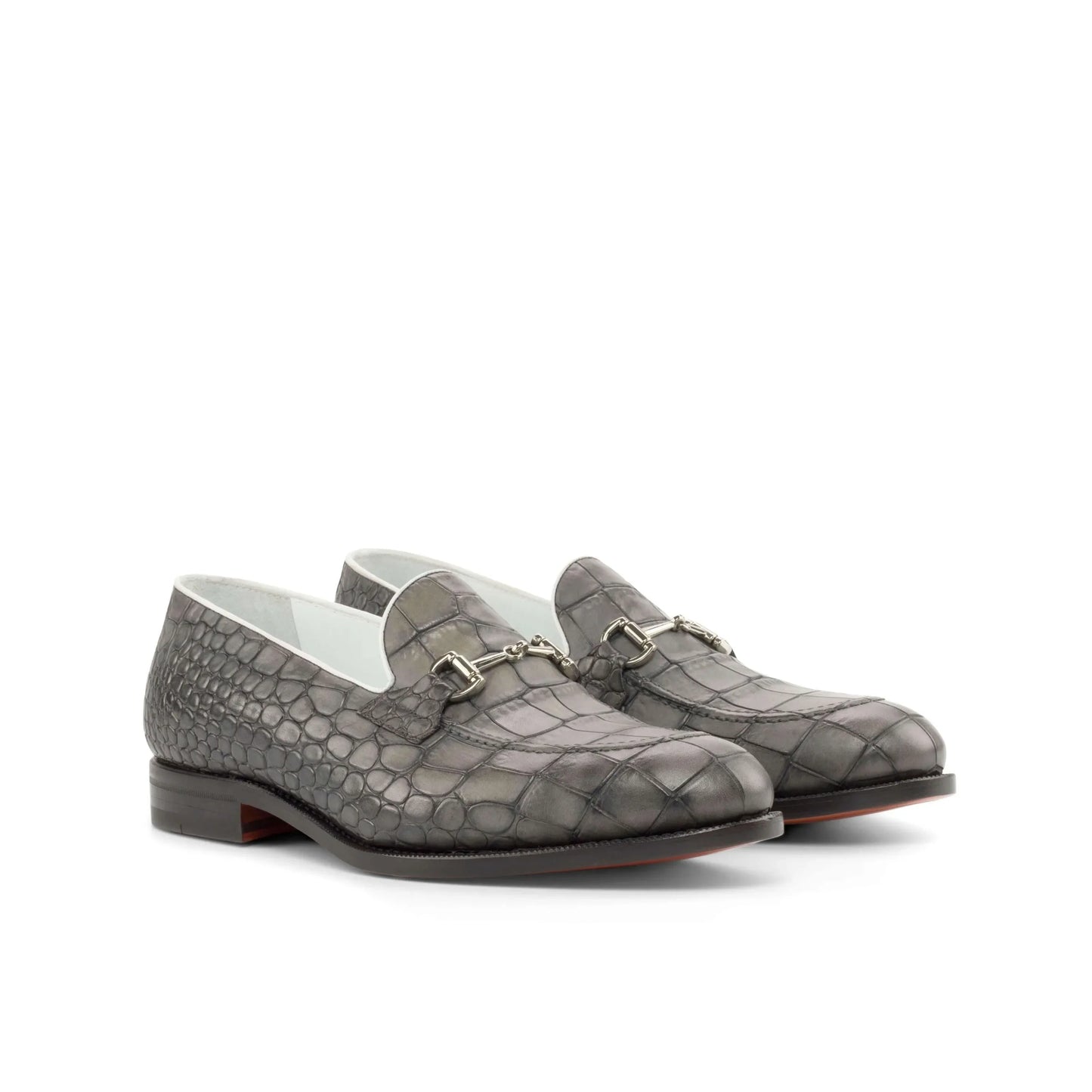 Gray crocodile-patterned Boris Loafers II featuring a rounded toe design