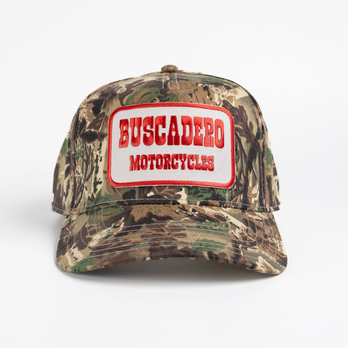 Buscadero Motorcycles 'Red Barrel' 5 Panel Mid Profile Mesh Trucker Hat - Camo