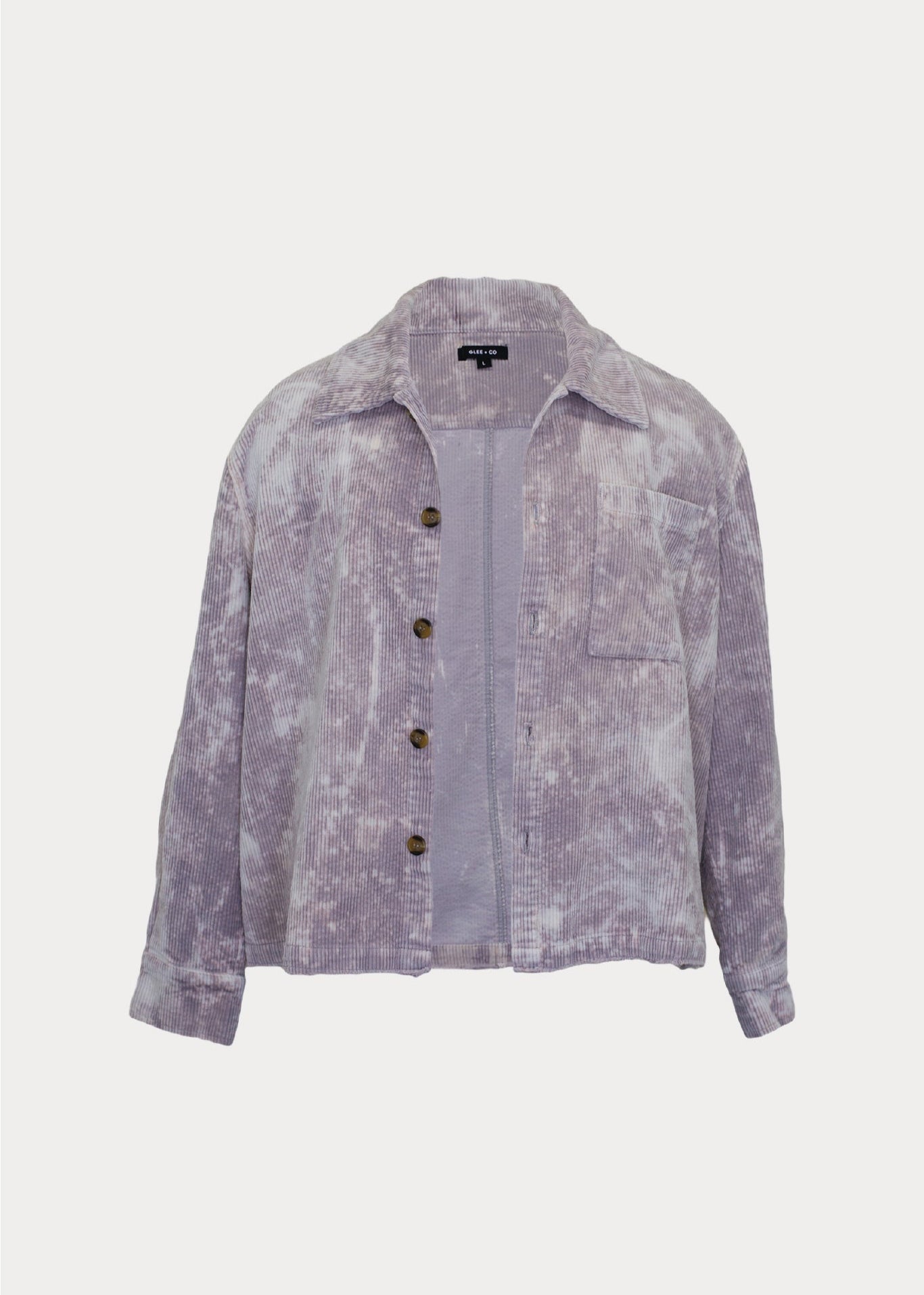 Men's bleach-washed corduroy chore jacket with front buttons, displayed on white background