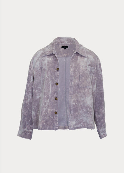 Men's bleach-washed corduroy chore jacket with front buttons, displayed on white background