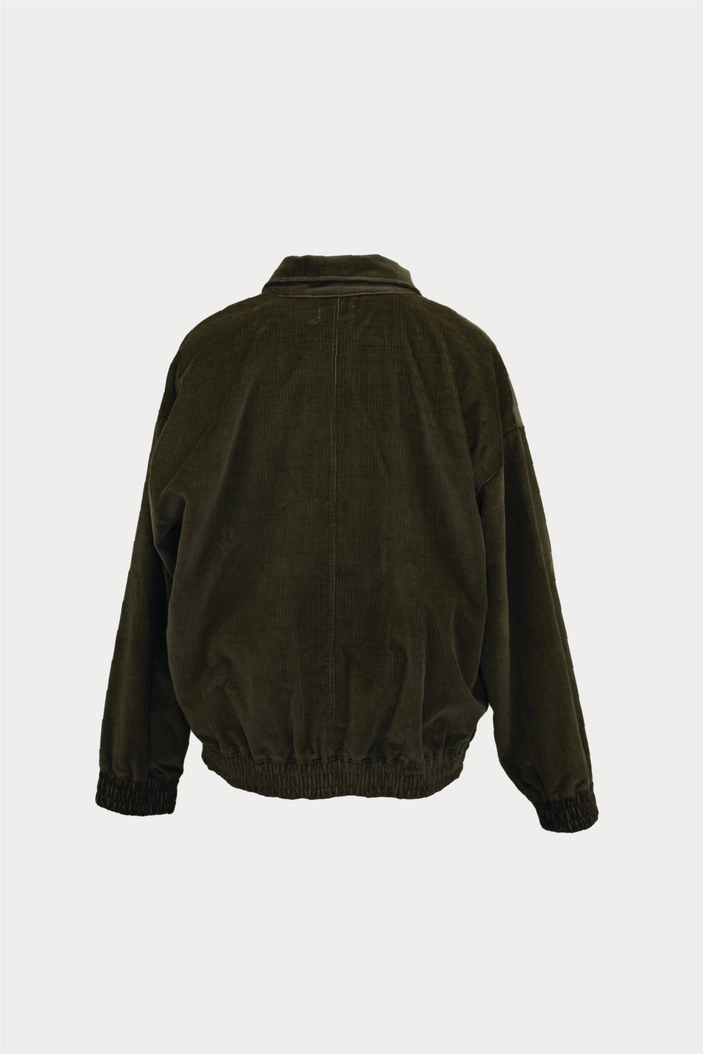 Men's dark olive corduroy zip jacket with elastic cuffs and hem, back view, MANN fashion