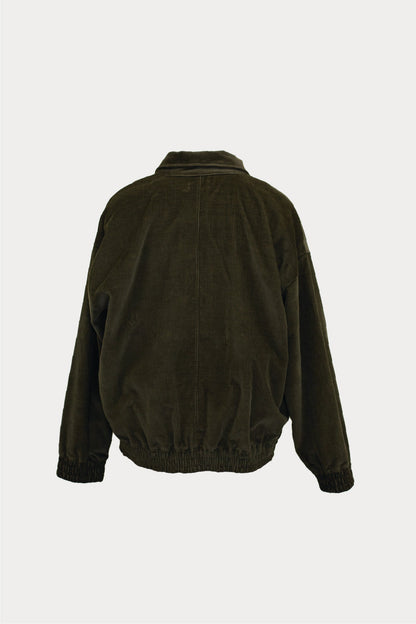 Men's dark olive corduroy zip jacket with elastic cuffs and hem, back view, MANN fashion