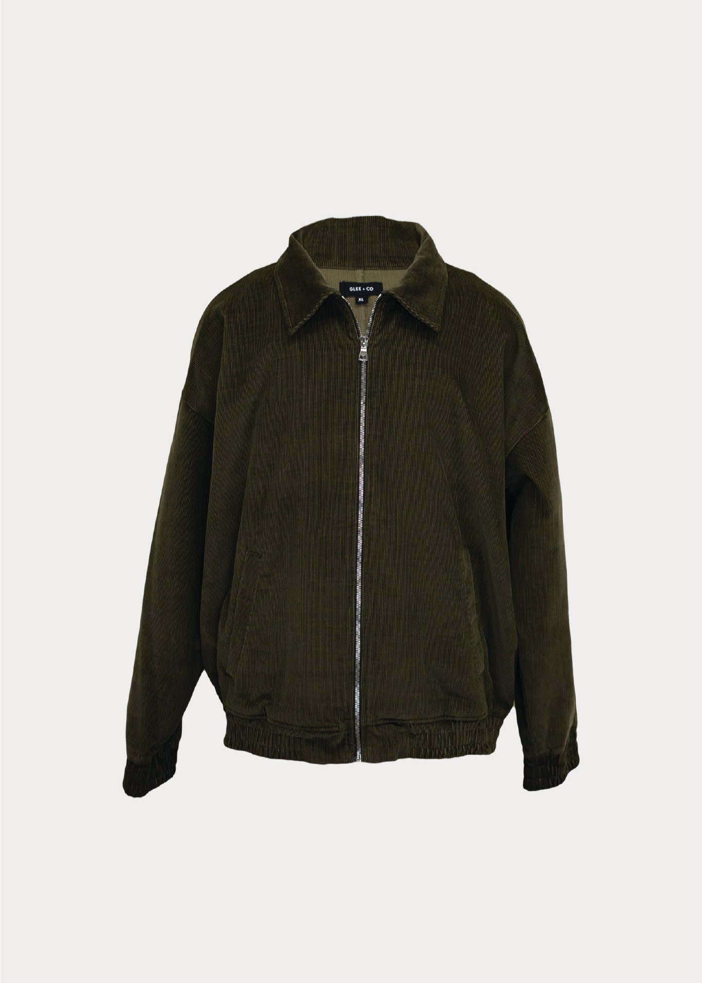 Men's dark olive corduroy zip jacket with collar and pockets on white background