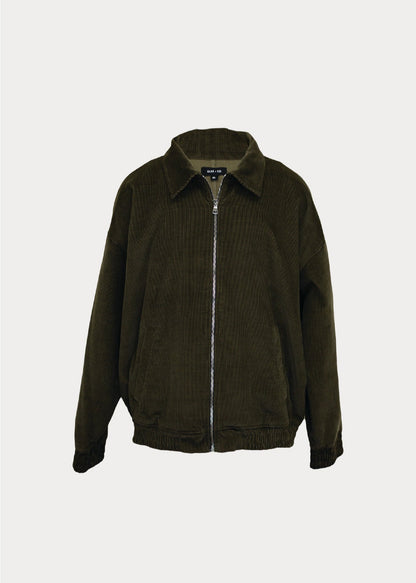 Men's dark olive corduroy zip jacket with collar and pockets on white background