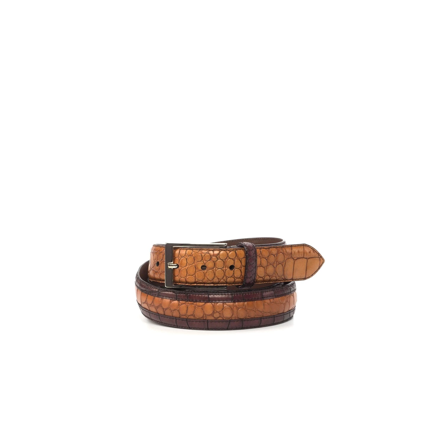 Brown and tan patterned leather belt, the Deon Croc Venice Belt II, in painted croco style