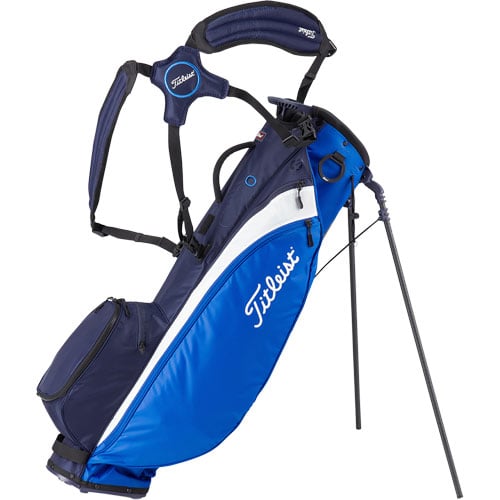 Titleist blue and navy golf stand bag with shoulder straps, featured on Mann men's marketplace