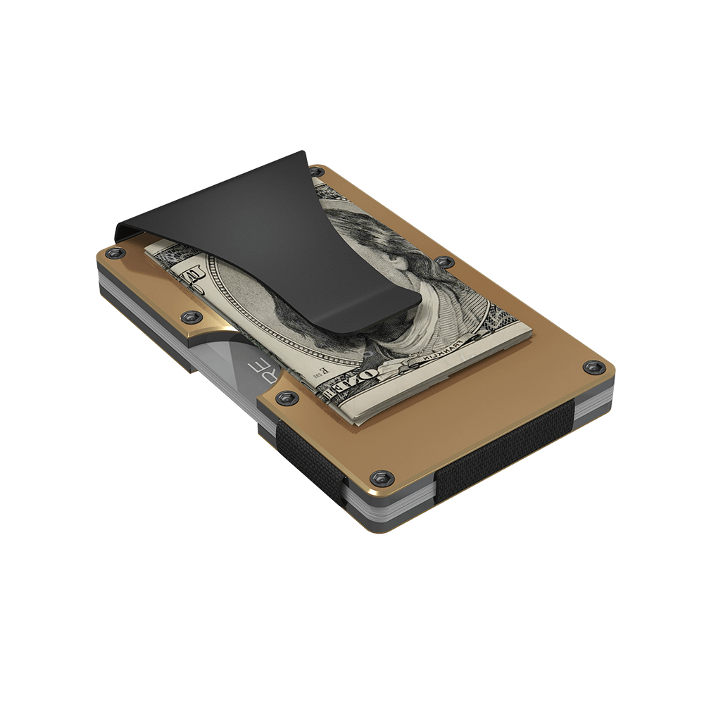 Bottom view of the gold aluminum RFID blocking wallet with the money clip visible.