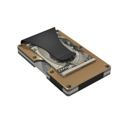 Bottom view of the gold aluminum RFID blocking wallet with the money clip visible.