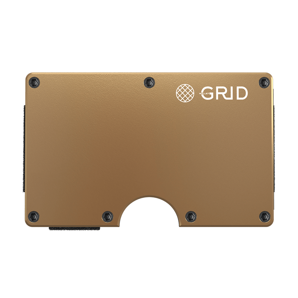 Front view of the gold aluminum wallet with RFID blocking capability.